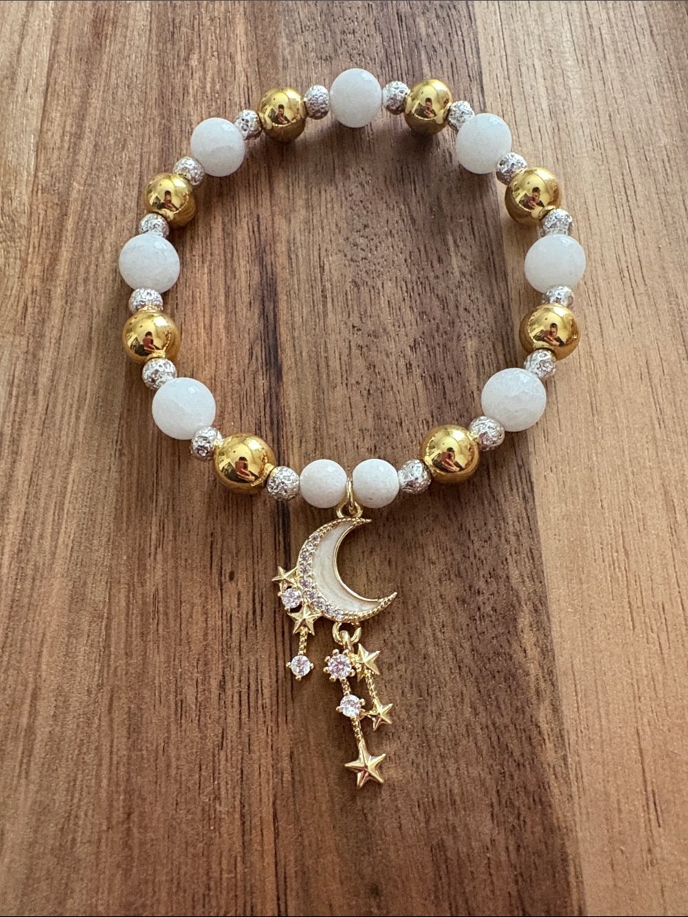 Handmade Gold & White Moon Charm Beaded Bracelet